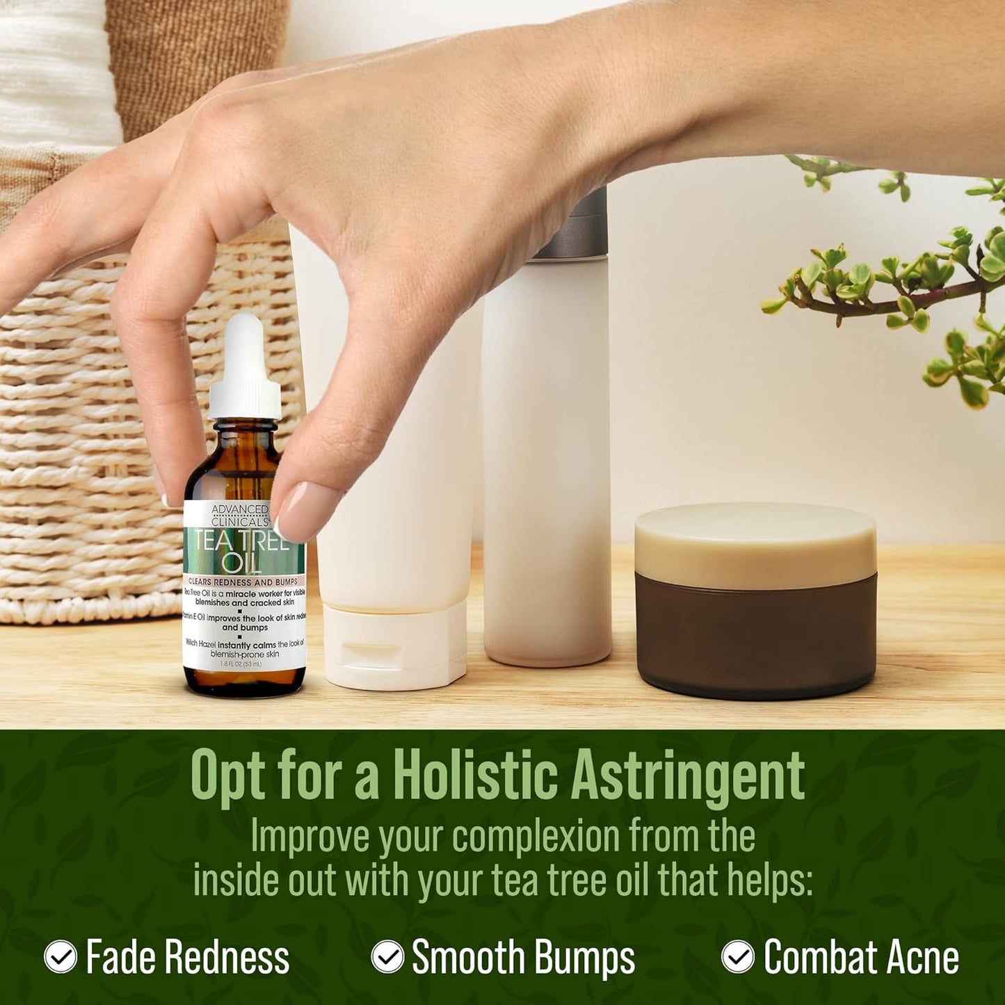 Advanced Clinicals Tea Tree Oil For Skin | Acne Patch Vegan Facial Serum | Targets Redness, Bumps, Acne Scars | Vegan 100% Organic Pure Tea Tree Oil For Face W/Vitamin E & Witch Hazel, 1.8 Fl Oz