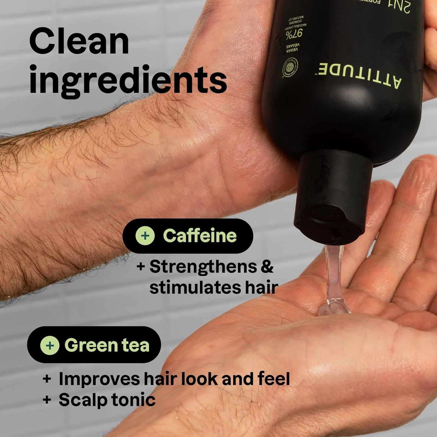 ATTITUDE Men's Shampoo and Conditioner 2-in-1, Fortifying For Fragile Hair, With Caffeine and Green Tea, 97% Natural Origin Ingredients, EWG Verified, Matcha & Bergamot, 14 Fl Oz (Pack of 3)