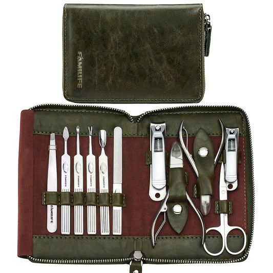 FAMILIFE Manicure Set, Professional Manicure Kit Nail Clippers Set 11 in 1 Stainless Steel Nail Pedicure Tools Kit Grooming Tool with Portable Green Leather Travel Case Luxury Gifts for Women and Men | alldaygood beauty