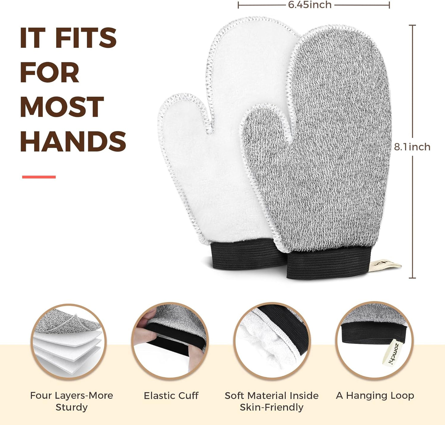 ZOMCHI 2 Pack Deep Exfoliating Glove with Dual Texture, Massage Body Scrub Gloves for Home Spa, Exfoliating Mitt for Dead Skin Removal (Deep + Soft)