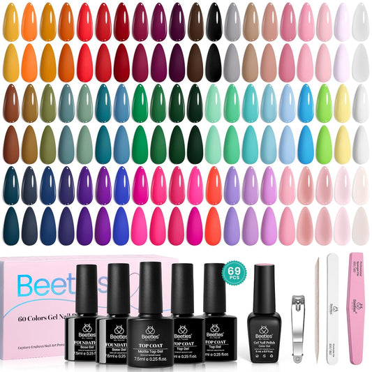 Beetles Fall Gel Nail Polish Set - 69PCS 60 Colors Gel Polish Kit Base Coat Glossy & Matte Top Coat Soak off Emotional Spectrum Collection Brown Red Black Nude White All Seasons Gifts for Women | alldaygood beauty