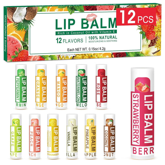 DMSKY 12 Pack Lip Balm, Natural Lip Balm Bulk with Vitamin E and Coconut Oil, Moisturizing Lip Balm for Dry Cracked Lips, Lip Balm for Stocking Stuffers - 12 Flavors