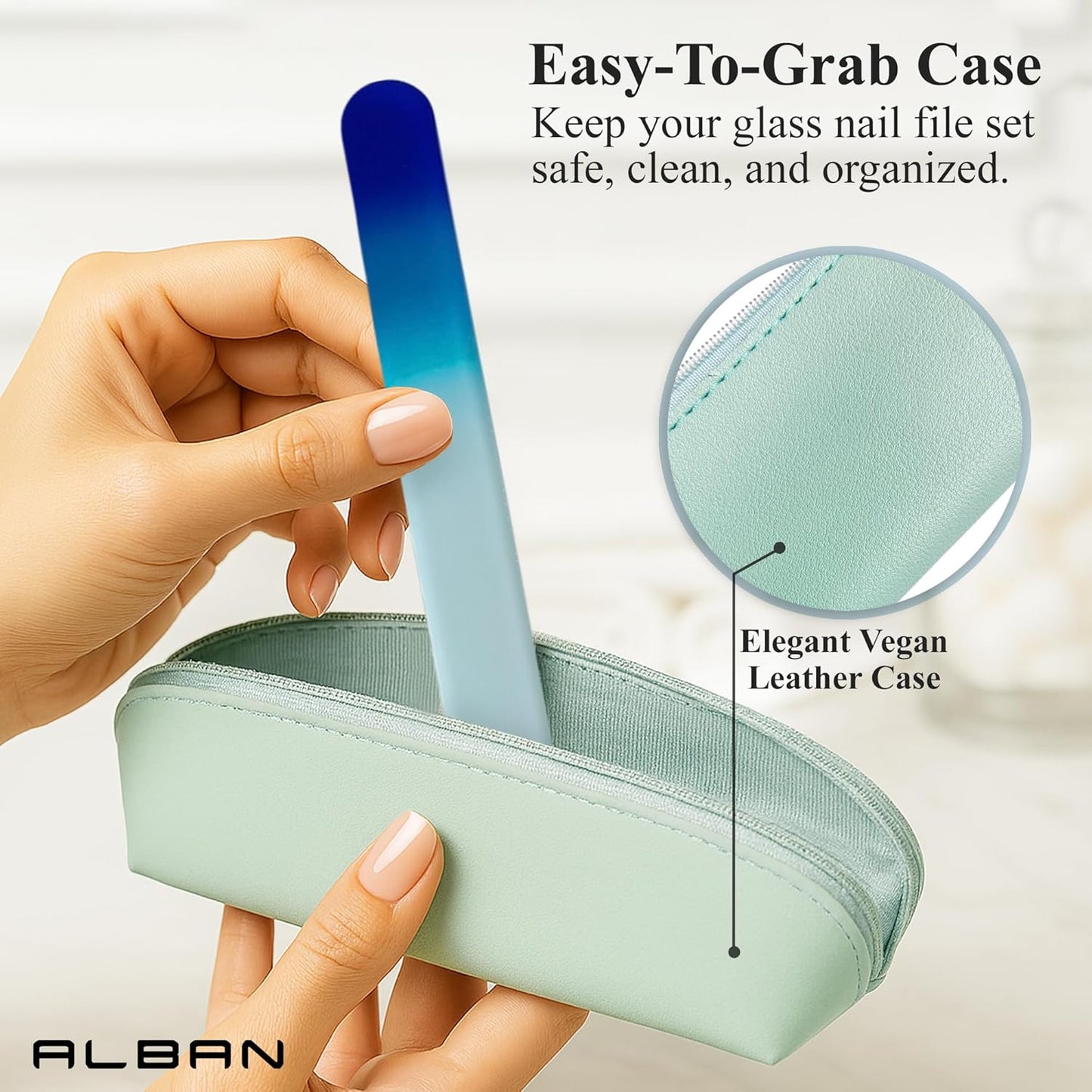 Alban Czech Glass Nail File Set with Manicure Stick & Vegan Leather Cosmetic Case (Royal Blue Nail Files, Light Blue Manicure Stick & Cosmetic Case)
