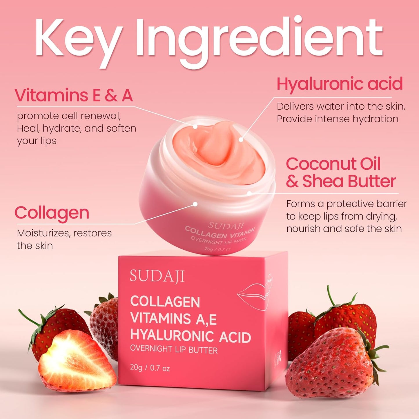 Collagen Lip Mask, Lip Balm Hydrating, Overnight Lip Moisture with Hyaluronic Acid & Vitamins E, A- Sleeping Nourishing Lip Butter Balm for Dry Lips