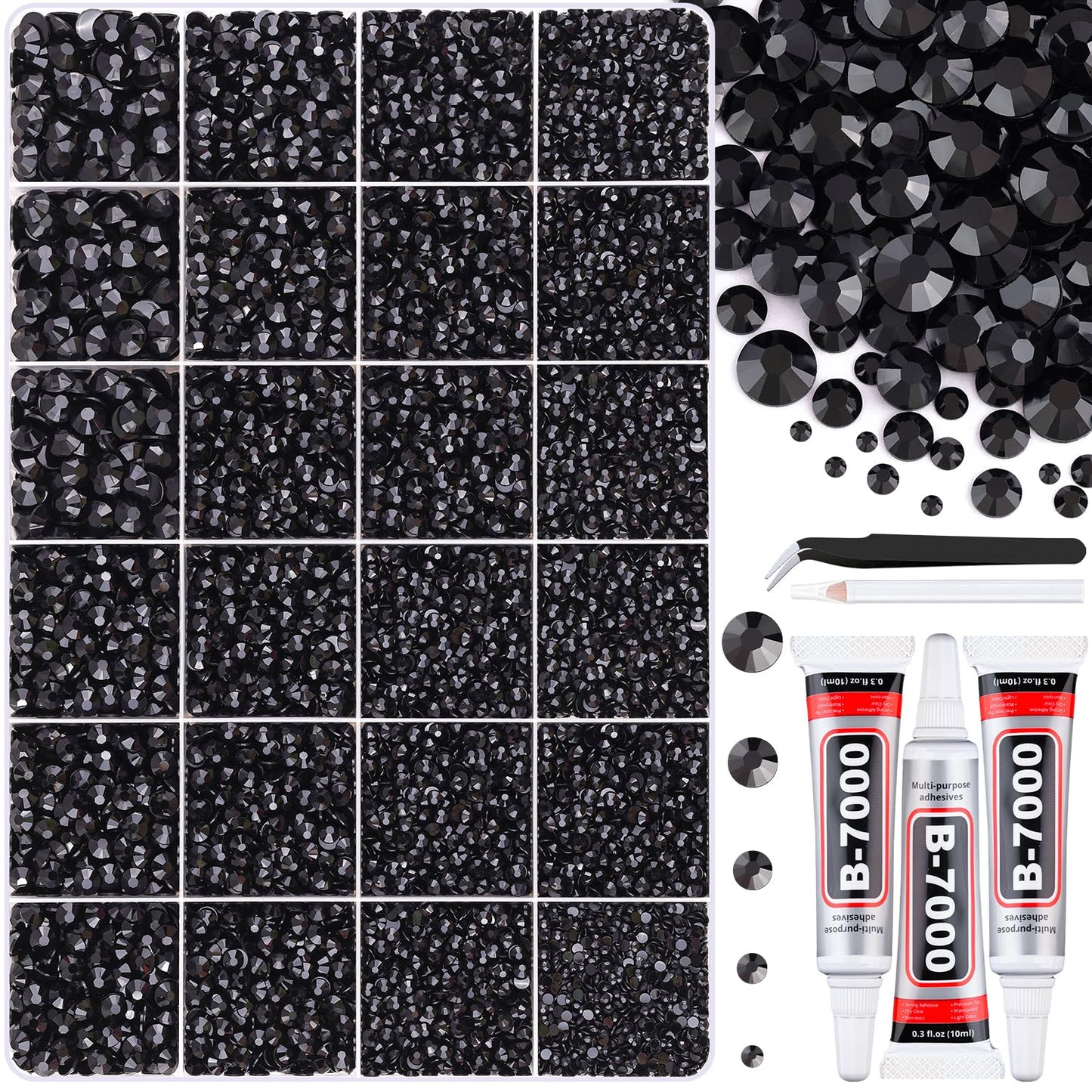 30000Pcs Resin Black Rhinestones for Bedazzling Crafting with b7000 Jewelry Glue, Bulk Flatback Gems Bedazzler Kit for Crafts Clothes Shoes Fabric Nail Diamond Art, Assorted Size 2/3/4/5/6mm