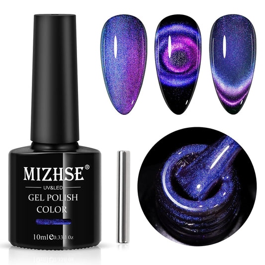 MIZHSE 9D Cat Eye Gel Nail Polish, Dual Colors Purple & Pink Magnetic Gel Polish with Magnet Stick, Magic Chameleon Galaxy Effect Holographic Glitter Silky Cat Eye Nail Polish Soak Off Nail Art Salon | alldaygood beauty