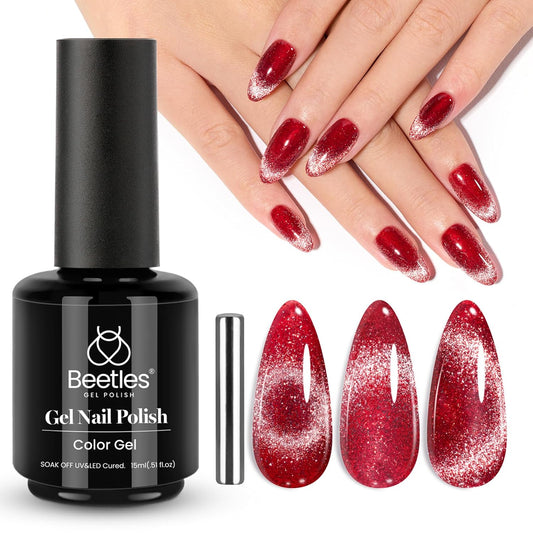 Beetles Red Cat Eye Gel Nail Polish, 15ml Glitter Nail Polish with Magnet Gel Soak Off UV LED Nail Lamp Reflective Nail Art DIY Home Manicure Design Gift for Women | alldaygood beauty