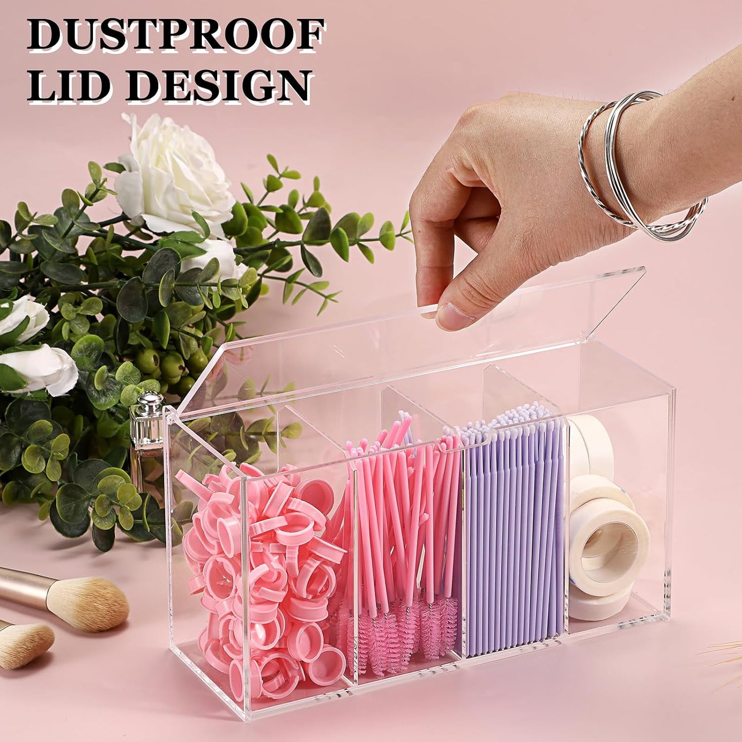 ELLDOO Lash Extension Organizer Box with Lid, Acrylic Eyelash Supplies Organizer Storage Box, 4 Compartments Bathroom Supplies Storage Container for Cotton Swabs, Balls, Pads, Floss Picks