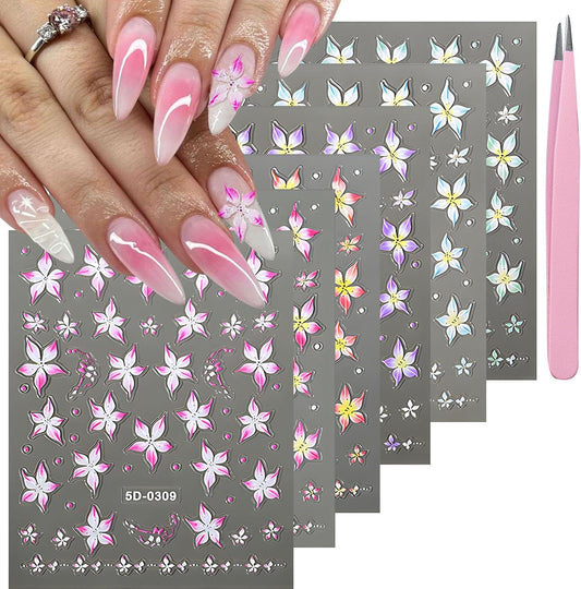 Flower Nail Stickers for Nail Art 5D Embossed Nails Decals Spring Summer Lily Decoration for Women Nails Design 3D Self Adhesive Pink Blue Green Flower Supplies | alldaygood beauty