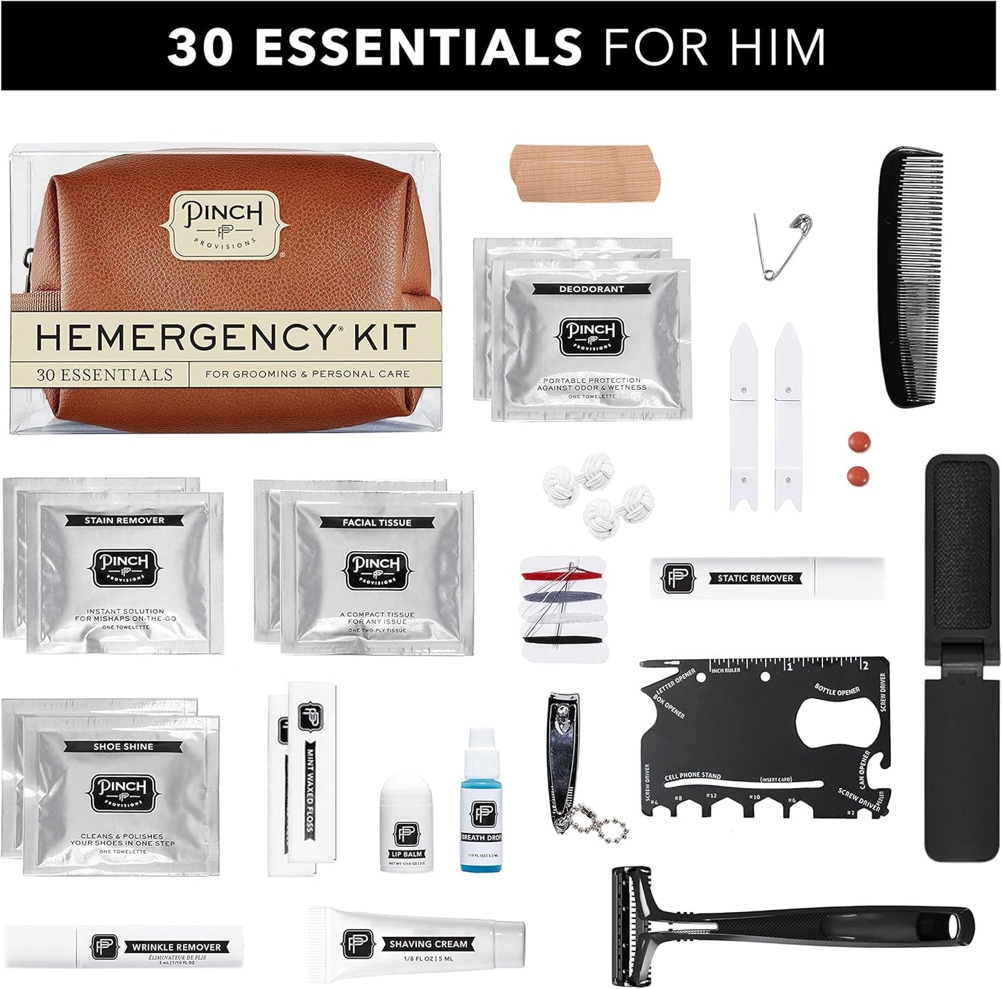 Pinch Provisions Hemergency Kit for Men, includes 30 Style & Grooming Essentials, Gift & Accessory for Grooms, Best Man, Personal Care, Travel or Cars