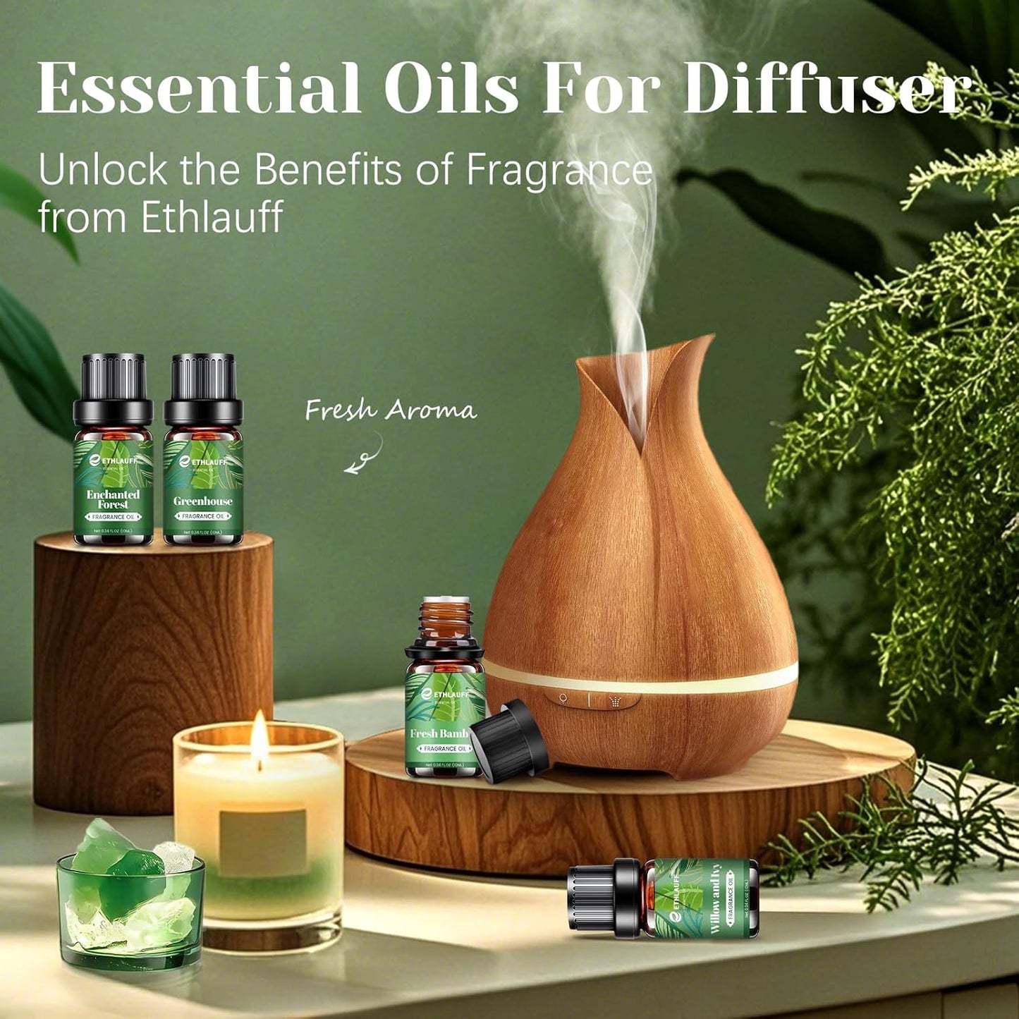 Fragrance Oils Set, Essential Oils for Diffuser for Home, Candle Sopa Making - Enchanted Forest, Willow and Ivy, Clover and Aloe, Fresh Bamboo, Scented Oil Gift Set