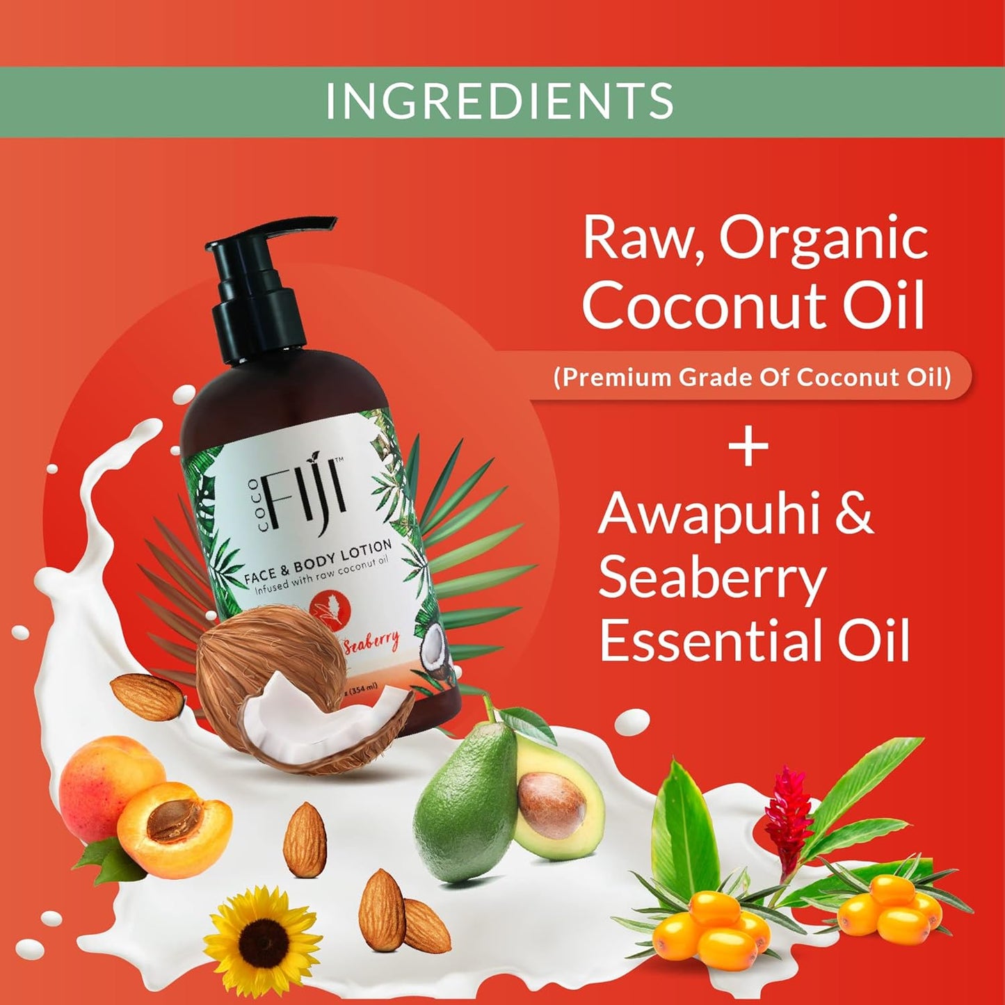 Coco Fiji Face & Body Lotion Infused With Coconut Oil | Lotion for Dry Skin | Moisturizer Face Cream & Massage Lotion for Women & Men | Awapuhi Seaberry 12 oz, Pack of 1