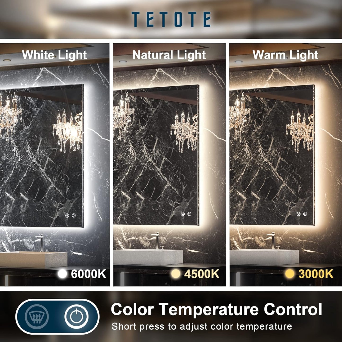 TETOTE 60 x 40 LED Backlit Bathroom Mirror with Light,3 Color White/Warm/Natural,Anti-Fog Lighted Mirror,Dimmable,Vanity Mirror,Wall Mounted