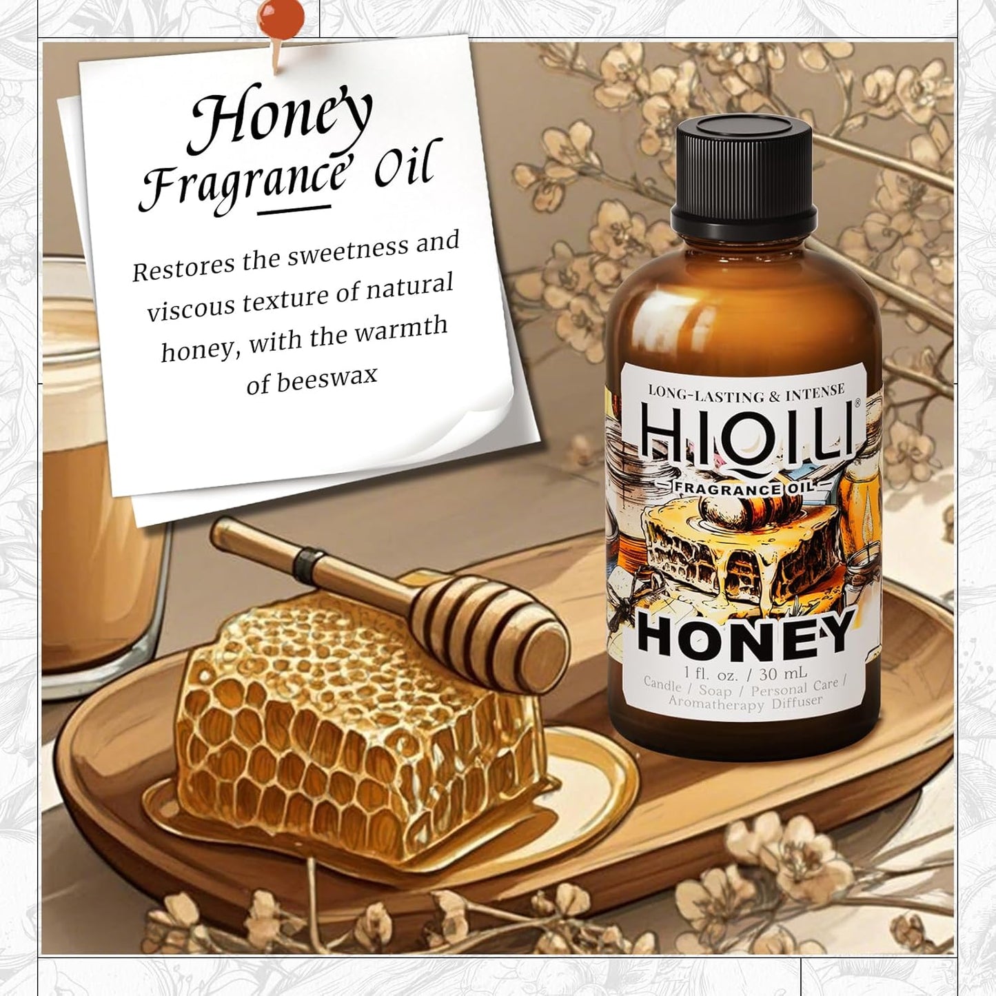 HIQILI Honey Fragrance Oil for Making Candle, Soap, Perfume, Warm Scents for Essential Oil Diffusers, Great for Home, Laundry - 1 Fl Oz