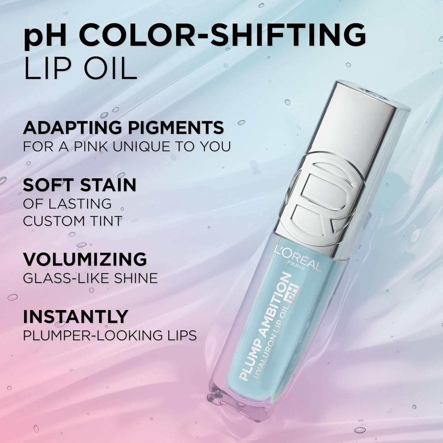 L'Oreal Paris Plump Ambition pH Hyaluron Lip Oil, Color Shifting Lip Tint with 24HR Hydration, Volumizing Shine and Lasting Color, 020 pH Rosé