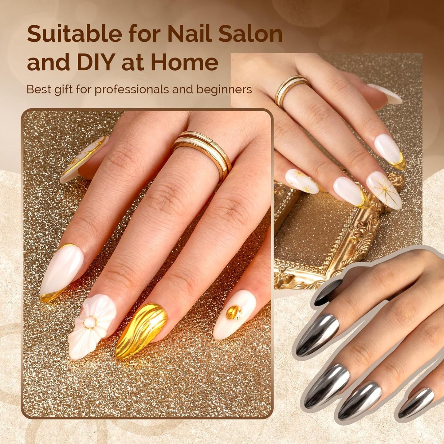 MelodySusie 2Pcs Chrome Nail Powder for Gel Nails,Metallic Mirror Effect Pigment Stylish and Technological Fine Glitter for Home DIY Salon Use