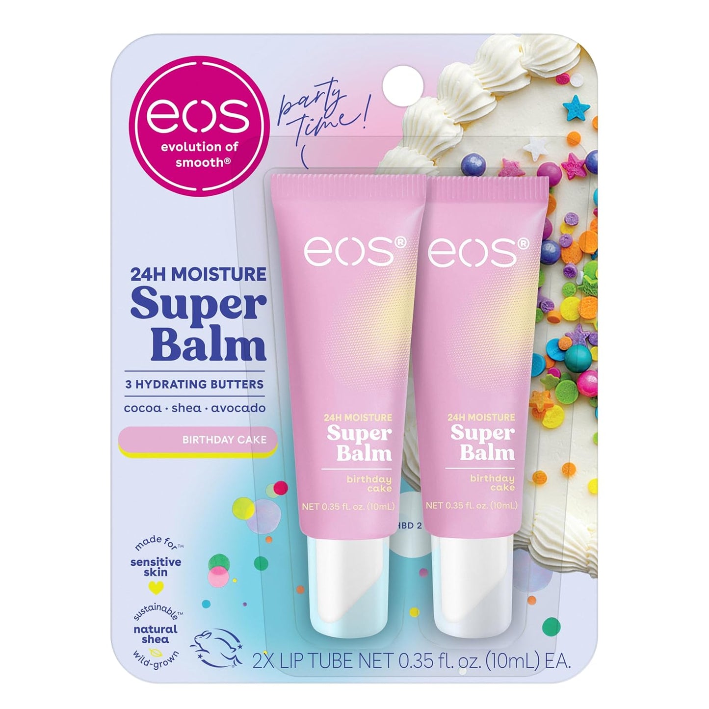 eos 24H Moisture Super Balm - Birthday Cake, Day or Night Lip Treatment, Made for Sensitive Skin, Lip Balms & Moisturizers, 0.35 fl oz, 2-Pack
