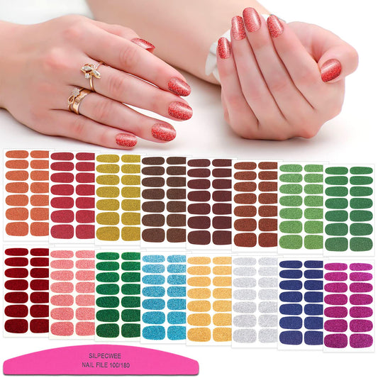 SILPECWEE 224 Pieces 16 Sheets Nail Polish Strips for Women Nail Polish Stickers Glitter Nail Wraps for Women Adhesive Nail Decals Gel Sticker Nails for Girls with File (Classy Glitter) | alldaygood beauty