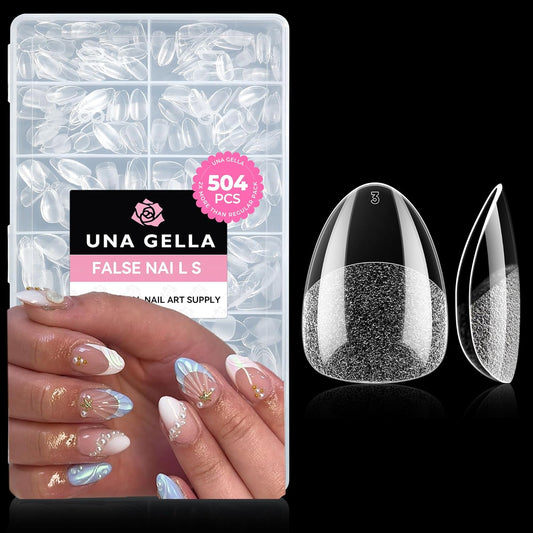 UNA GELLA Extra Short Almond Nail Tips Full Cover 504PCS Gel Nail Tips Short Almond Shaped Nails Tips Soft Gelly Gel Clear Fake Nails Tip for Acrylic Nail Tip Soak Off Home DIY Salon Nails 12 Sizes | alldaygood beauty