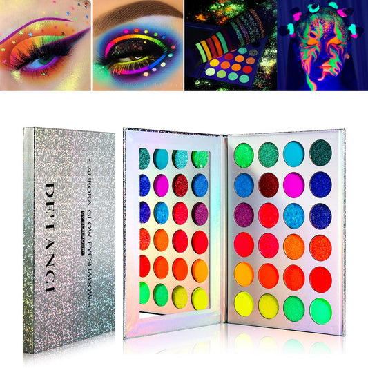 DE'LANCI Neon Eyeshadow Palette Glow in the Dark, Aurora Glow Eyeshadow Pallets Stage, Halloween Christmas Makeup Kit UV Blacklight Matte and Glitter Fluorescent Eye Shadows Highly Pigment