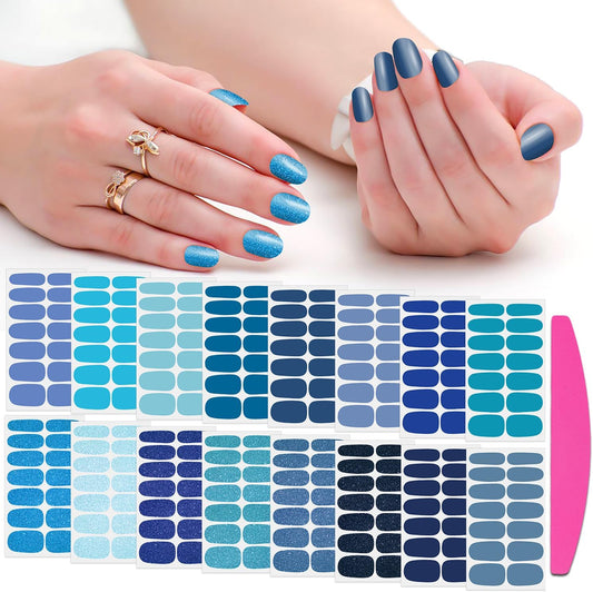 SILPECWEE 16 Sheets Blue Nail Wraps for Women Glitter Solid Color Nail Polish Stickers Stick on Nail Polish Strips Gel Nail Strips Self Adhesive Fingernail Manicure Design with Nail File | alldaygood beauty
