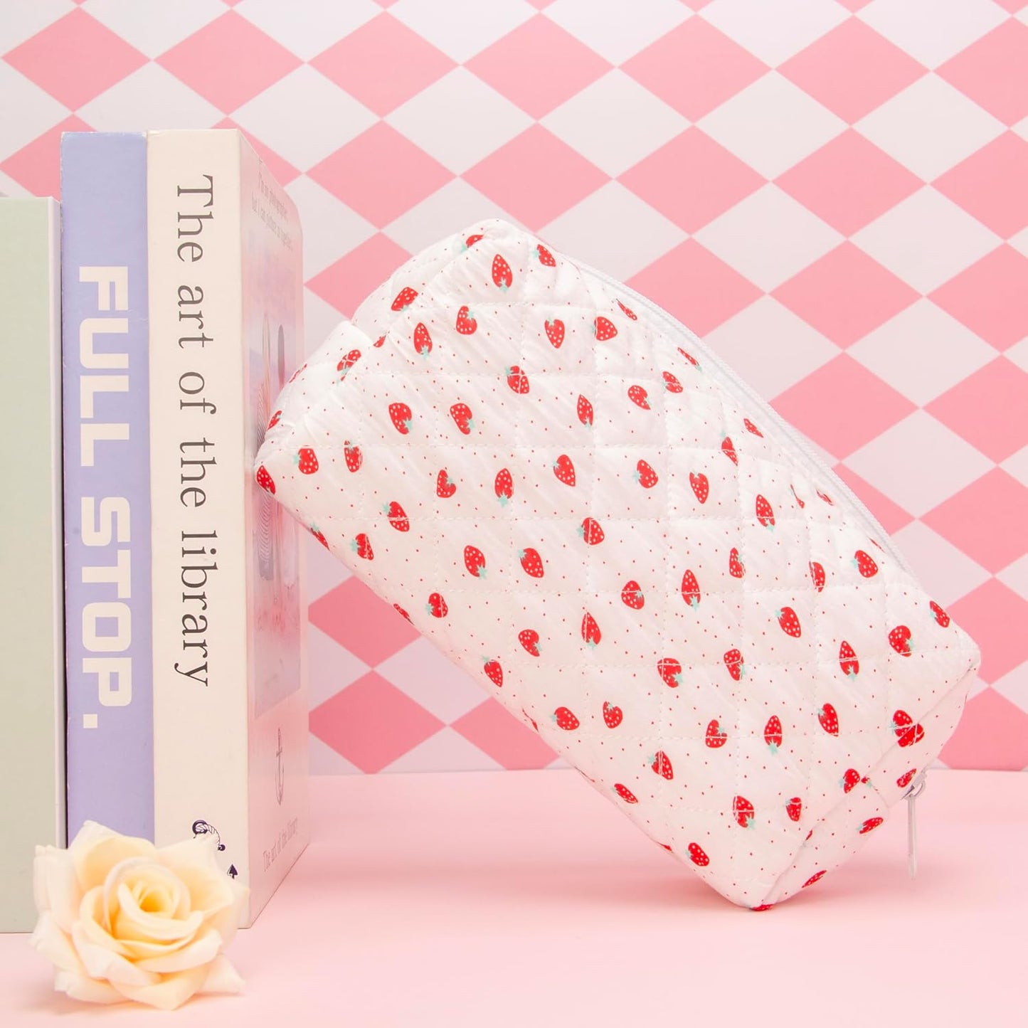 PAZIMIIK Vintage Quilted Makeup Bag Cosmetic Pouch for Brushes Pencils and Travel Make Up Accessories for Women and Girls Strawberry