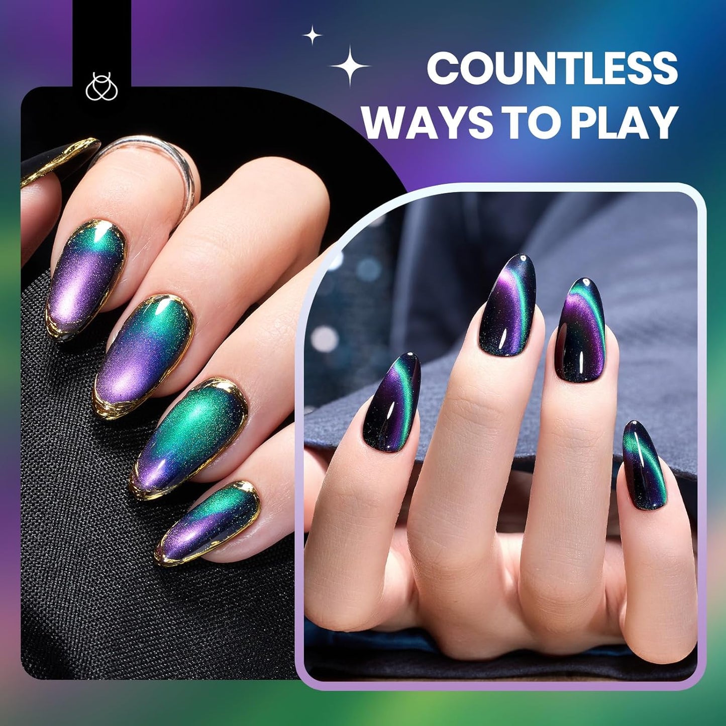 Beetles Cat Eye Gel Nail Polish - 15ML 9D Chameleon Cat Eye Green Purple Double Magic Colors Gel Polish with Magnet Soak Off UV Velvet Gel Galaxy Drift Collection Nail Art Design Gift for Women