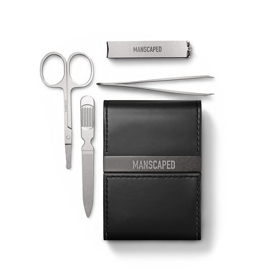 MANSCAPED® Shears 2.0 Tempered Stainless Steel Men's Nail Kit, Fingernail Clippers, Safety Scissors, Tweezers and Nail File, Travel Manicure Pedicure Set, 4-Piece Luxury Grooming Kit with Compact Case | alldaygood beauty