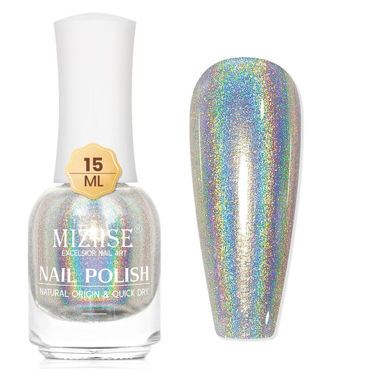 MIZHSE Holographic Nail Polish, Silver Glitter Nail Polish Air Dry Fast, 15 ml 0.5 fl oz High Glossy Shiny Nail Pigment Oil-based Laser Iridescent Nail Lacquer Chrome Halo Nail Art Salon Manicure Home | alldaygood beauty