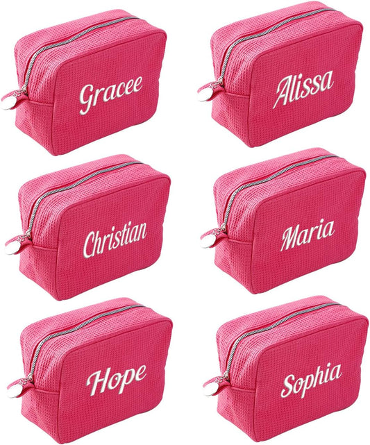 GOPHIE Personalized Embroidered Makeup Bag,Custom Waffle Fabric Cosmetic Pouch for Women, Travel Makeup Pouch (6, Hot Pink)