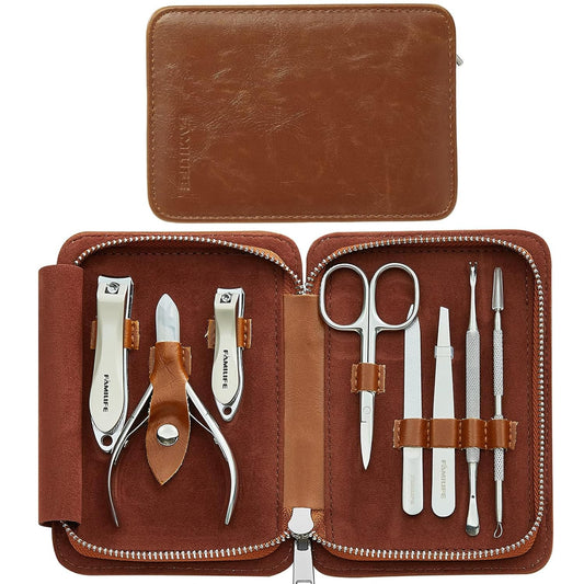 FAMILIFE Manicure Set, Nail Clippers Pedicure Tool, 8 pcs Stainless Steel Manicure Kit Professional Grooming Tool, Nail Kit with Portable Brown Leather Travel Case Luxury Gifts for Men | alldaygood beauty