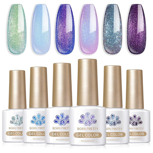 Born Pretty Chameleon Gel Nail Polish Set, 6 Colors Aurora Shimmer Glitter Gel Polish Kit Blue Green Purple Nail Gel Polish Long Lasting Set for Manicure and Nail Art, DIY at Home, Salon-Quality 7ml | alldaygood beauty