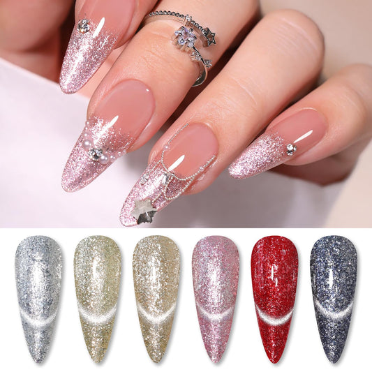 Double Rhythm 6 Colors Cat Eye Gel Polish Set Shimmer Glitter with Magnet Holographic Reflective Magnetic UV Nail Art Kit (6-Kit 32) | alldaygood beauty