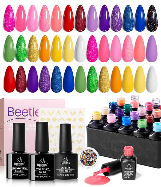 Beetles Gel Nail Polish Set - 20 Colors Pink White Black Yellow Red Glitter Gel Polish Kit with Nail Stickers Nail Rhinestones 3Pcs Base Top Coat Gift for Women Girls | alldaygood beauty