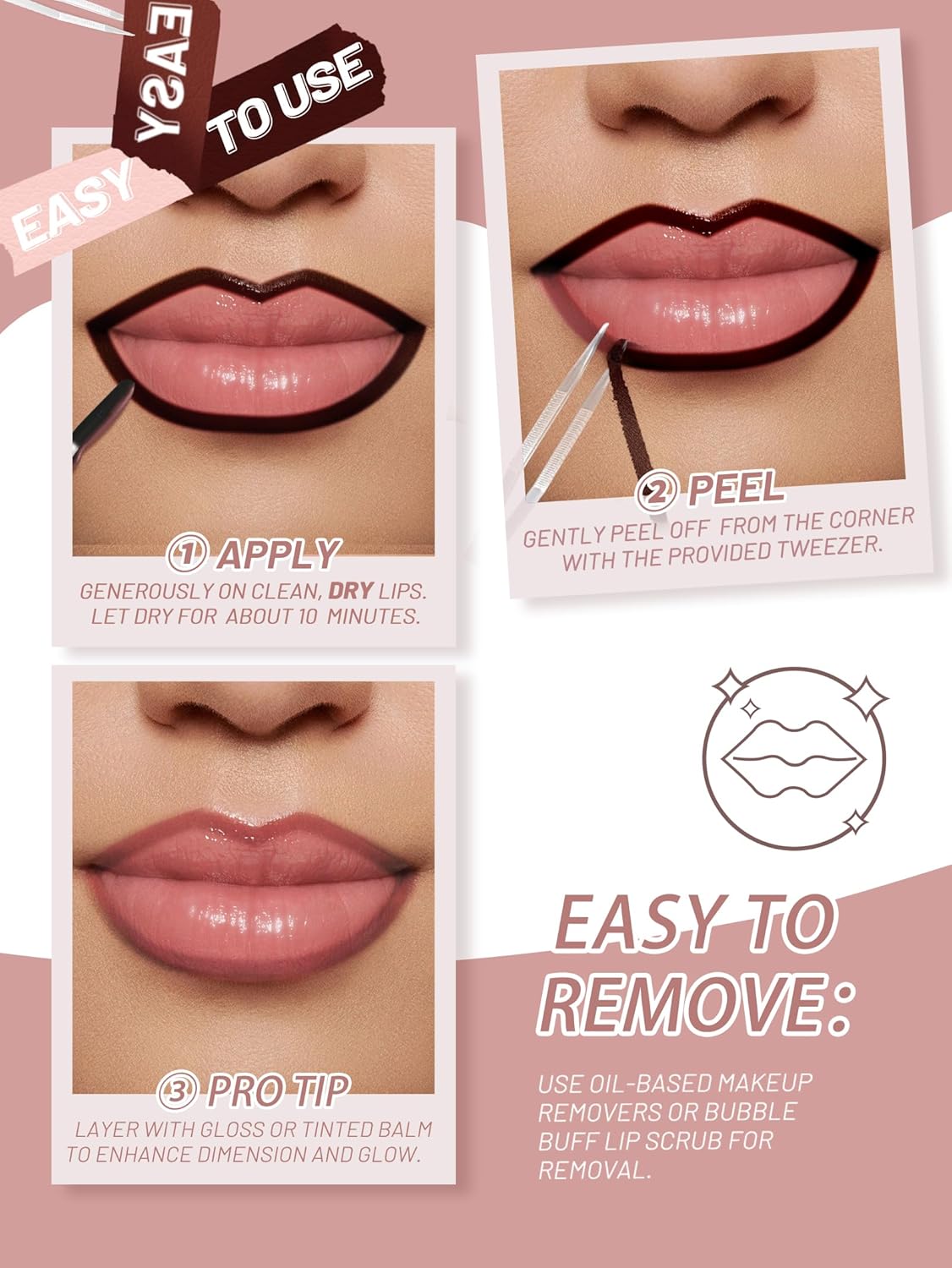 Lip Stain Peel Off Lip Liner Stain with Tweezer, Long Lasting Matte Lip Tint Tattoo, Highly Pigmented Color Lip Makeup, Waterproof Lipstick, Transfer-proof Lipstain for Women, Brown