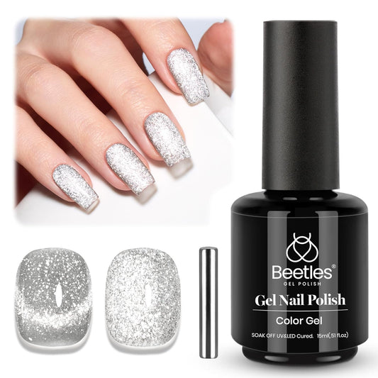 Beetles Sliver Cat Eye Gel Nail Polish - 15ML Glitter Cat Eye Magnetic Holographic Fall Gel Polish Soak Off UV Salon DIY French Nail Art Gift for Women | alldaygood beauty