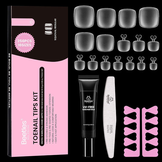 Beetles Toe Nail Tips Kit Square with Nail Glue - 16 Sizes 256 Pcs Pre-etched Double Matte Full Cover Press on Toenails Super Strong Nail Glue, Toe Nail Extensions Set for Women | alldaygood beauty