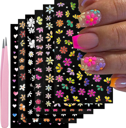 Nail Art Stickers Decals 5D Embossed Flower Nail Decals Self Adhesive Spring Summer Heart Daisy Nail Supplies 3D Nail Design for Women Nail Decoration Colorful Flower Nail Stickers | alldaygood beauty