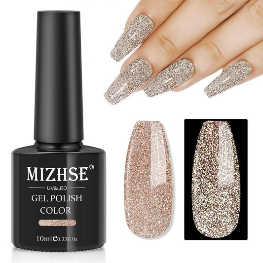 MIZHSE Reflective Gold Glitter Gel Nail Polish, Sparkly Shiny Gel Polish, Glossy Finish Nail Gel Soak Off Nail Art Salon Varnish Manicure for Beginners DIY at Home Popular Color | alldaygood beauty