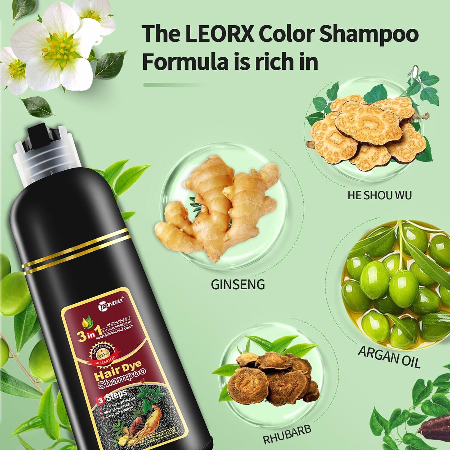 leorx Instant Hair Dye Shampoo For Gray Hair, 500ml - 3 In 1 Herbal Coloring For Women & Men - Dark Brown Color, Ammonia Free - Tintes Para El Cabello Profesional