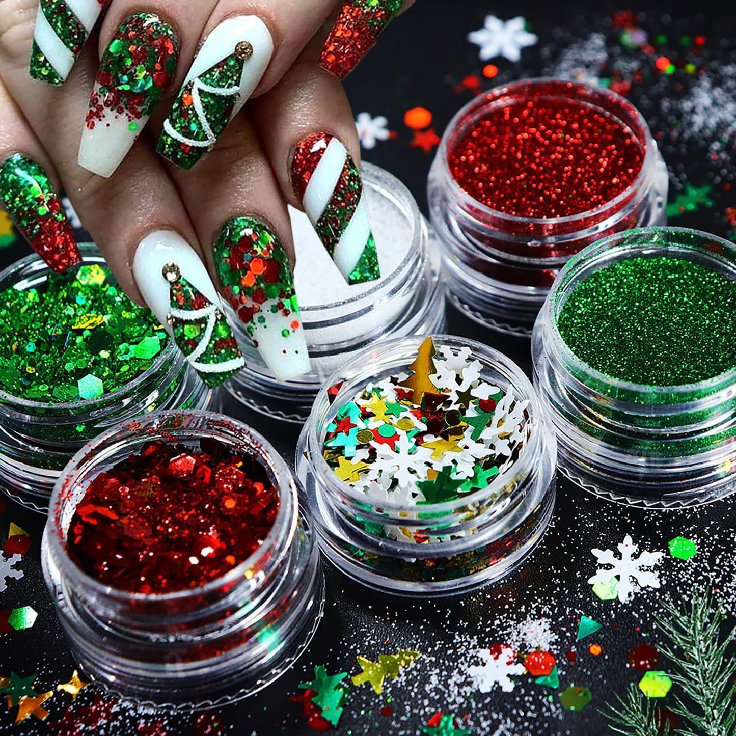 Snowflake Nail Art Glitter Christmas Nail Sequins Flakes, 3 Colors Manicure fine Glitter Powder, 3D Holographic White Green Red Winter Nail Stickers Decals Supplies Nail Charms for Women Girls 6 Box