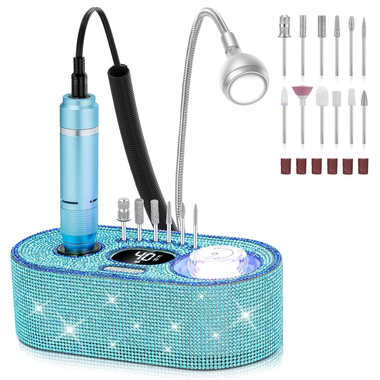 Nail Drill Electric File: DEDNMSCA Sparkly Professional Nail Drill Kit, 40000RPM E-file Machine with USB LED Light and 12 Drill Bits for Acrylic Nail Remove Gel Polish Manicure for Salon Home, Diamond