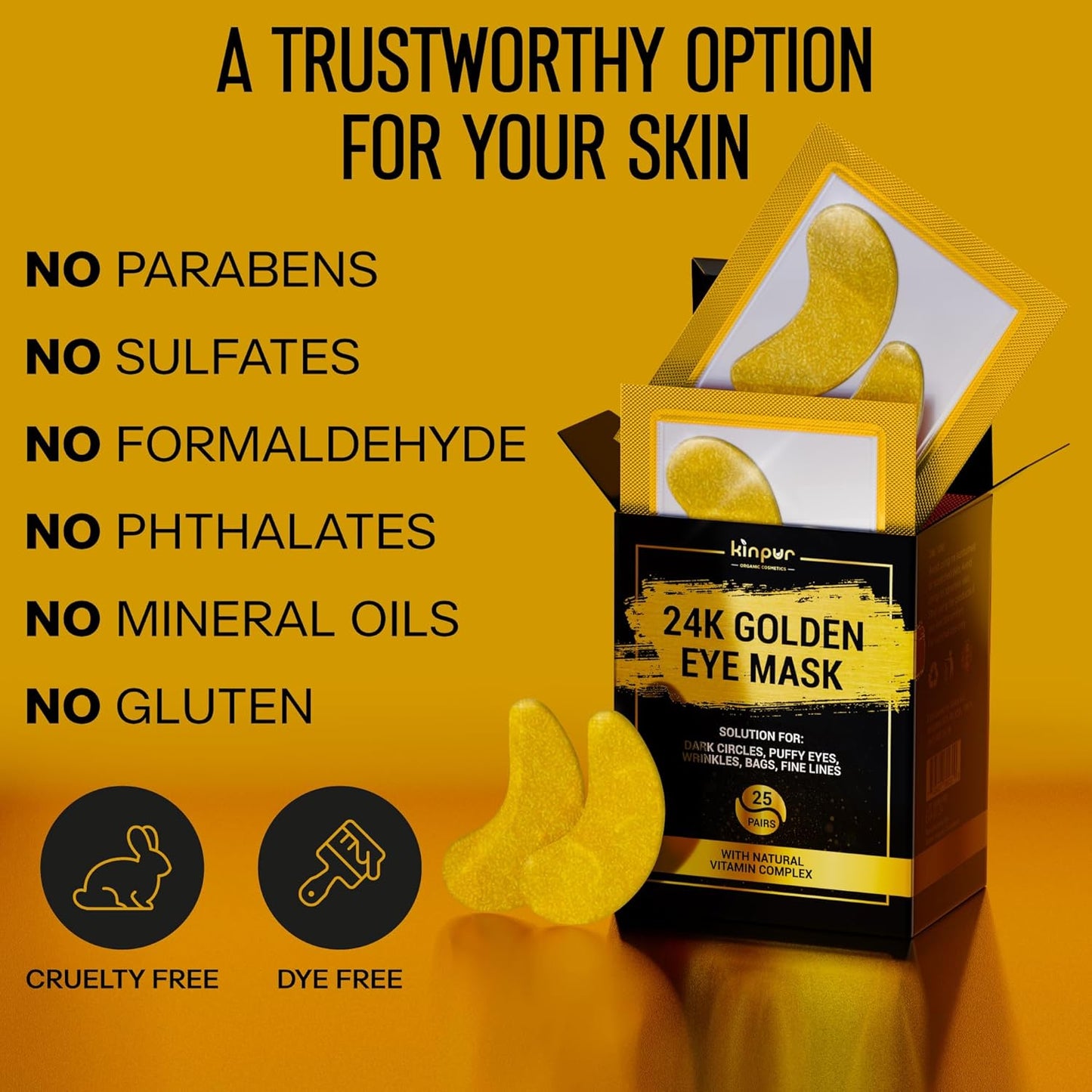 Under Eye Patches - 60pcs Gold Eye Patches for Puffy Eyes, Dark Circles, Eye Bags - Collagen Under Eye Mask with Vitamins (24k Golden 25 Pairs (Pack of 1))