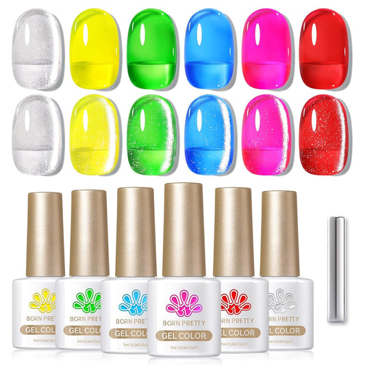 Born Pretty Neon Jelly Gel Nail Polish Glass Crystal Spring Summer Transparent Ice Jelly Gel Polish with Silver Holographic Glitter Cat Magnetic Eye Gel Polish Collection Minicure DIY Gifts 6PCS | alldaygood beauty