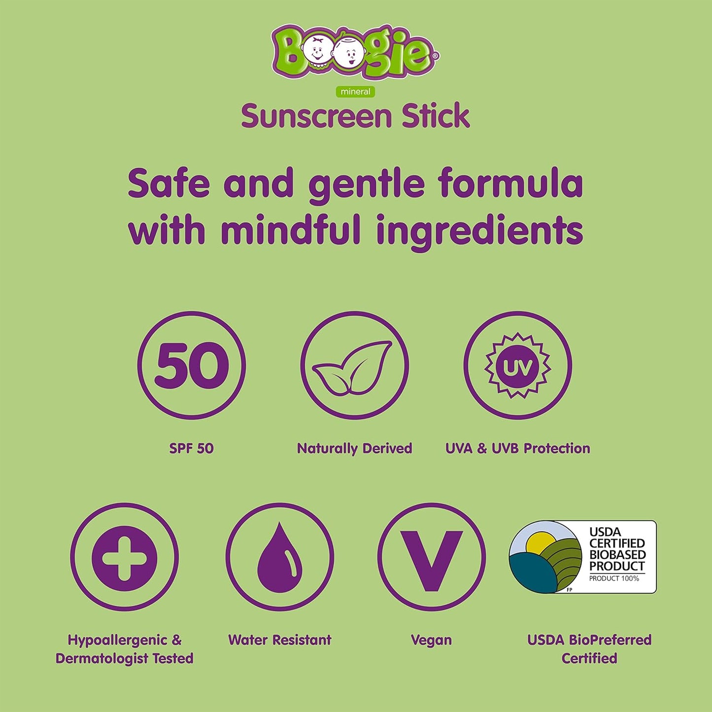 Baby Sunscreen Stick by Boogie Block, Mineral Sunscreen SPF 50, Travel Size Sunblock for Kids, Zinc Oxide, Water Resistant, Vegan, Fragrance Free Pack of 3