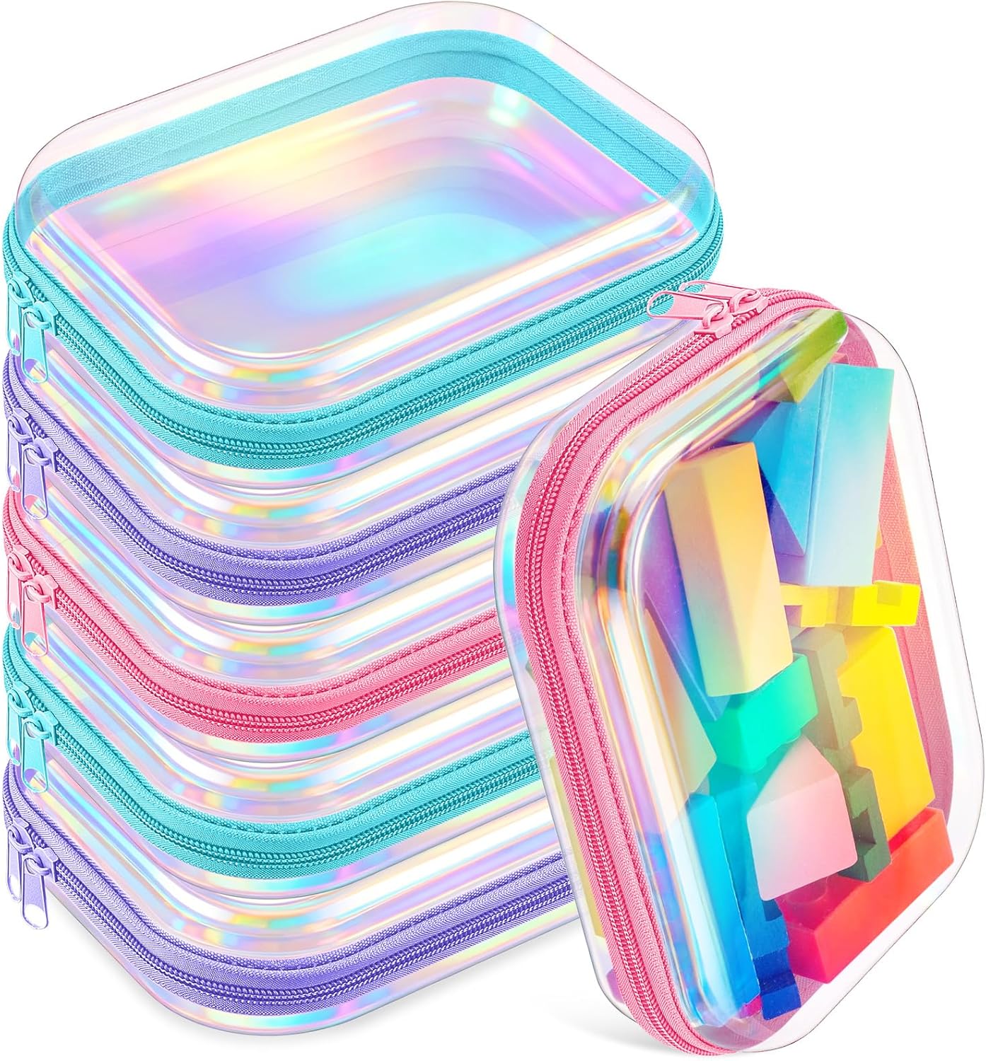 Sanwuta 6 Pcs Clear Hard Zipper Case Pencil Pouches Hard Plastic Zipper Pouches Makeup Bag Transparent Cases for Snacks Plastic Storage Organizer Box for Travel(Holographic,7.87 x 5.9 x 2 Inch)