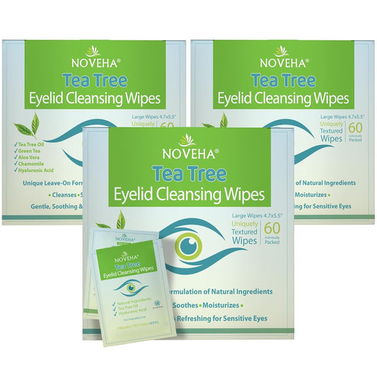 NOVEHA 180PCs Tea Tree Oil Eyelid & Lash Wipes With Hyaluronic Acid, Green Tea & Chamomile For Blepharitis & Itchy Eyes, Individually Wrapped Eyelash Wipes Natural Makeup Remover & Daily Cleanser | alldaygood beauty
