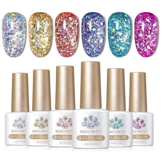 Born Pretty Glitter Gel Nail Polish Set Sparkly Shiny Gold Silver Pink Glitter Gel Polish Kit Soak Off UV Nail Gel Gift Box Nail Art Manicure Varnish Kit 7ML 6PCS | alldaygood beauty