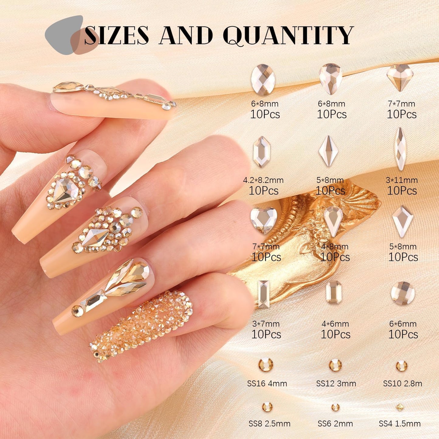 2680Pcs Champagne Gold Glass Nail Rhinestones 120Pcs Multi Shapes Flatback Nail Gems +2560Pcs 1.5-4mm Round Crystal, Manicure Nail Charms Diamond Gemstones for Acrylic Nails Decoration