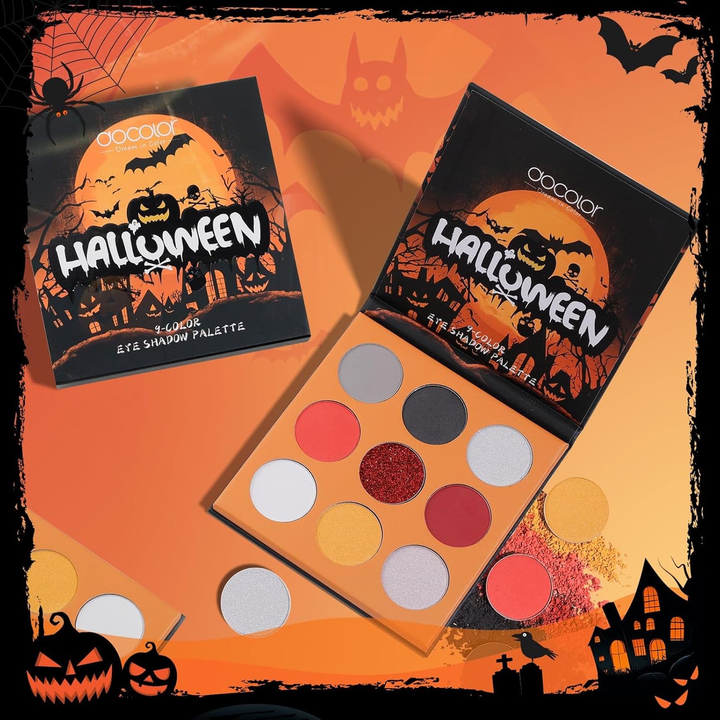 docolor Makeup Brush Set,5PCS Halloween Goth Makeup Brushes Powder Contour Eyeliner Brow Eyeshadow Brush Set with 9 Colors Halloween Eyeshadow Palette,1PC Makeup Sponge Puff&3PCS Halloween Scar Tattoo